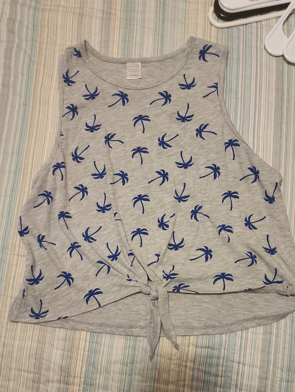 Casual Tie-Front Palm Print Tank Top - Gray/Blue